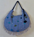 Linen Cotton Shoulder Bag In Blue With Threadwork