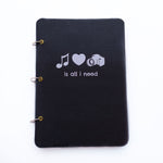 Music Love and Camera - Black Journal Sketchbook - A5 Size