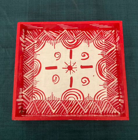 Handpainted Tray with Kumaoni Aipan Art (Crimson Red)